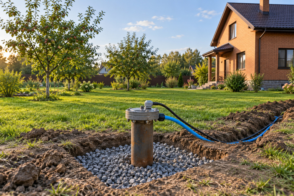 Оголовок скважины на участке частного дома в Подмосковье, труба и кабель уходят в траншею